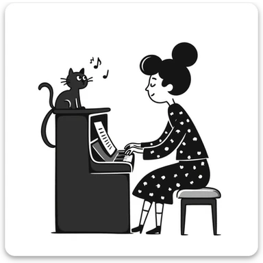 woman playing piano while her cat sits on top of the piano sticker