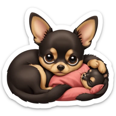 A high-resolution photo-realistic digital illustration of a cute black and tan chihuahua with big eyes shut sleeping lazily. sticker