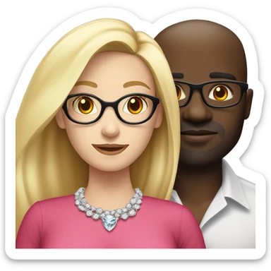 White blonde long hair woman with no glasses in a pink dress and diamond necklace standing next to emoji black man with glasses wearing red shirt glasses standing next to white eoman sticker