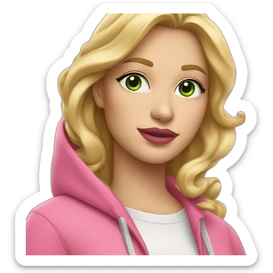 white woman with wavy blond hair and long eyelashes and green eyes wearing pink lipstick and pink hoodie  sticker