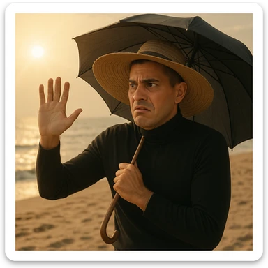 Create a symbolic 4k realistic scene on a beach, showing a man with a large hat and umbrella blocking the sunlight, with a worried and defensive expression. The sunlight is natural and warm. Use muted colors and expressive body language, symbolizing confusion about sunlight and health. Use the reference image for facial features and general appearance. sticker