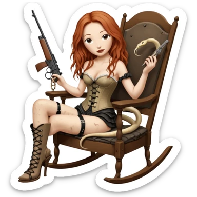 realistic cinematic Tori Amos sits on a rocking chair in a torn corset, holding an antique rifle and her bare feet are muddy. A white snake is wrapped around the chair. sticker