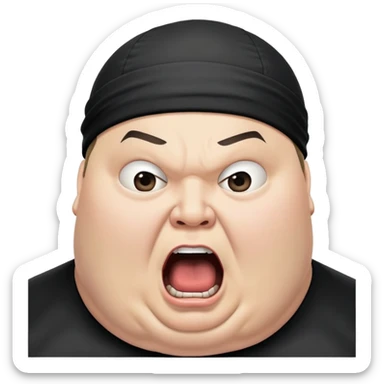 Super extreme tight close-up of just the face of morbidly obese white skin guy with young face, prominent BLACK DURAG tied clearly on head, black beard but no mustache, clean shaven upper lip, black eyes, mouth wide open screaming angrily sticker