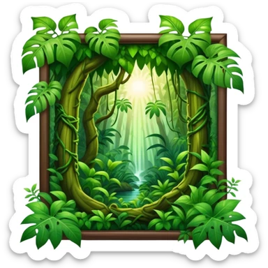 Cinematic Realistic Rainforest Emoji in a wooden frame, Lush and vibrant, filled with towering trees, thick vines, and dense green foliage, sunlight filtering through the canopy above, creating dappled patches of light on the rich, diverse undergrowth. The air is heavy with moisture, with mist rising from the forest floor and distant calls of exotic birds and animals echoing through the trees. Soft glowing outline, capturing the essence of a thriving, untamed tropical paradise filled with life! sticker