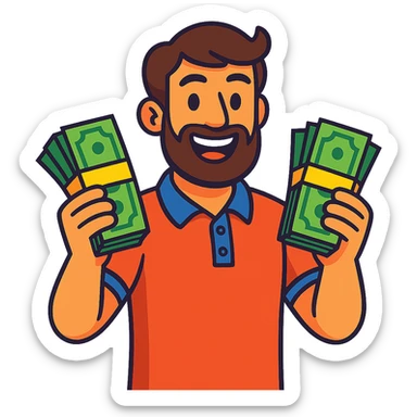bearded brown-haired man in a polo shirt holding bundles of bills in vibrant toon style sticker