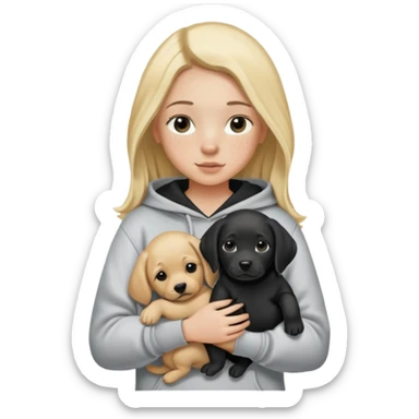 Blonde girl with smooth hair and a center part, light skin with freckles, wearing a hoodie and carrying a black baby labrador puppy in her arms sticker