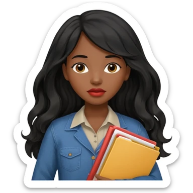 A young woman with long black hair, a wavy frange falling on half of her head. She's black, medium to dark skinned with thick lips. She's holding folders, because she's a CEO, but she's wearing casual clothes. sticker