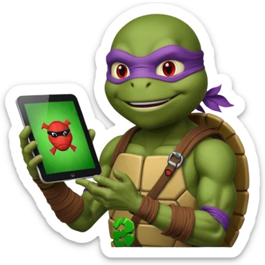 Donatello from Teenage Mutant Ninja Turtles, emoji style, with a tablet showing a hacking screen in hand, with a red hacking interface on the screen sticker