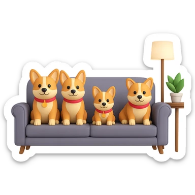 Change the dog family to a corgi breed, keep the bright family room scene, in the style of 3D emoji style, with no background. sticker