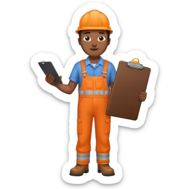 Indian male railway engineer orange overalls, boots holding a clipboard in one hand sticker