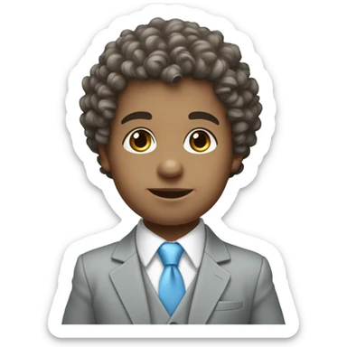 Little young  gentleman wearing a grey suit with white shirt and baby blue tie with blue eyes , white skin and brown  curly hair without grey hair and full body . Wearing a watch and greek sticker