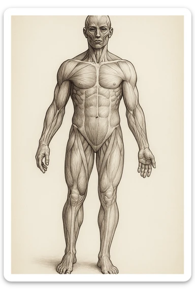 Anatomical style illustration showing a human body with muscles less developed on one side due to asymmetries, highlighting the muscular difference between the two sides, variant 2. sticker