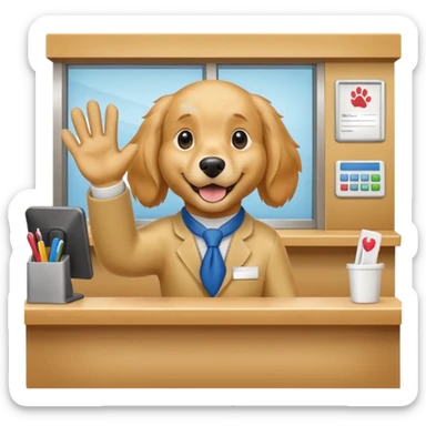 golden retriever receptionist emoji, waving paw, behind a counter, cheerful and welcoming sticker