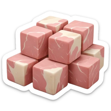 uncooked veal pieces, stew-sized cubes, pale pink to beige, smooth moist surface, visible muscle grain, subtle white marbling, arranged in a small cluster, clean 3D rendering, soft light, subtle shadow, no background elements, no anthropomorphic features, transparent background, emoji scale sticker