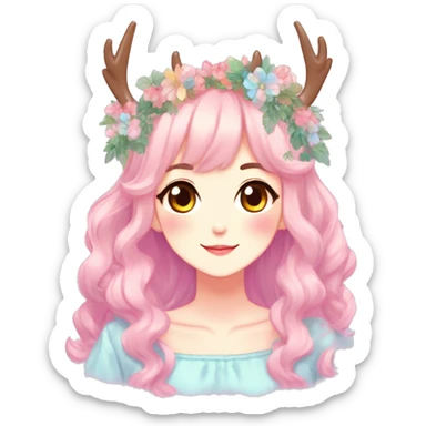 Gorgeous Shiny Colorful Pastel Anime Style Mature Lady with blushing face and pretty hair with a flower crown and antlers pastelcore kawaii cottagecore fairycore aesthetic trending style sticker