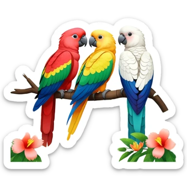 Close-up collage of vibrant Ara parrots and Inca cockatoos sitting on tree branches, surrounded by lush greenery. Bright colors of the birds stand out against a natural, sunny background of trees and flowers. Transparent background. sticker