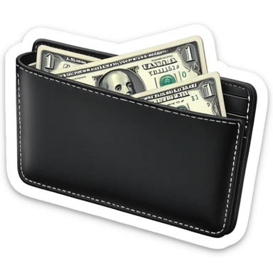 black wallet with a single one dollar bill inside, just one dollar sticker
