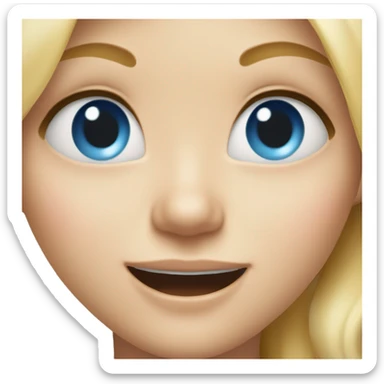 Girl with blonde hair and blue eyes with one eye going crosseyed and big gummy smile sticker
