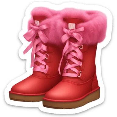 Pair of hypre realistic Red Ugg Fur Boots laced out with pink silk ribbon laces at the back of them. sticker