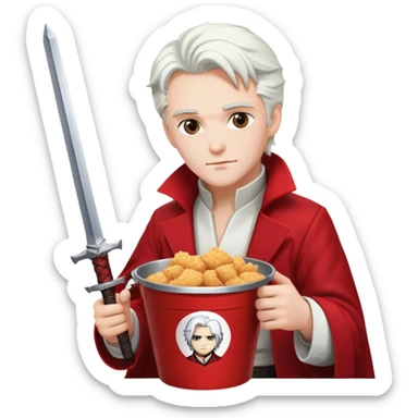 Dante from Devil May Cry sitting in a KFC bucket, red coat, white hair, rebellion sword sticker