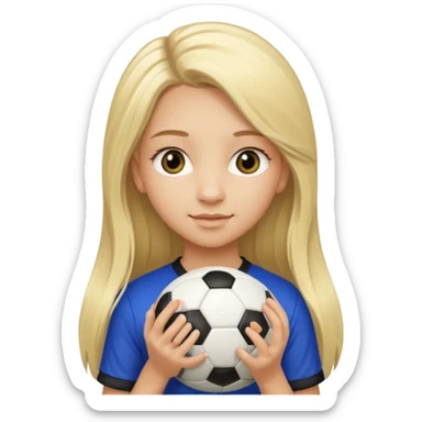 A girl with long light blonde hair with long eyelashes that looks around 13 years old with a soccer ball sticker