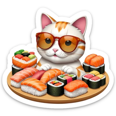 cool cat wearing sunglasses eating a big pile of colorful sushi pieces, stylish cat enjoying sushi sticker