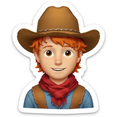 a wavy orange hair boy wearing a cowboy hat with a mischievous grin and freckles with western red scarf on his neck sticker