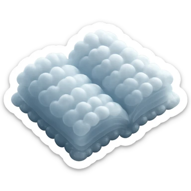 top view of a thick open book made entirely of small, very bright white fluffy convex clouds, matte glass style sticker