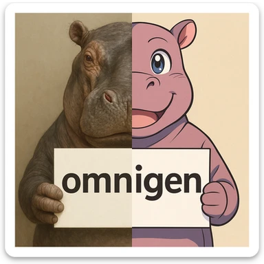 a hippo holding sign of omnigen, half picture hippo is realistic another hald is the anime of that same hippo sticker