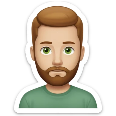 A young man with short light chestnut hair slicked back, a medium-length thick beard, and light green eyes. Fair skin, oval face, neutral expression. Wearing a dark t-shirt, plain light (white or gray) background. Shoulder-up front portrait. sticker