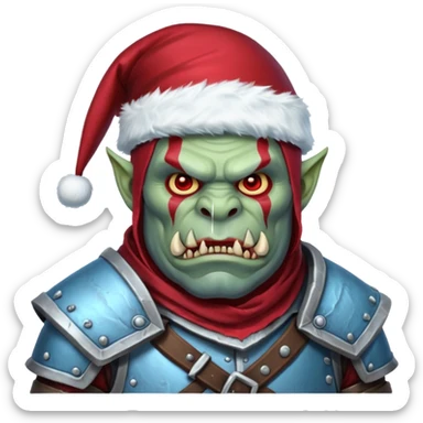 
Fantasy Christmas orc legion soldier icon, iron tundra army theme, heavy winter armor, disciplined brutal look, icy blue steel armor with deep crimson accents, frozen metal texture, cold winter atmosphere, male variant sticker