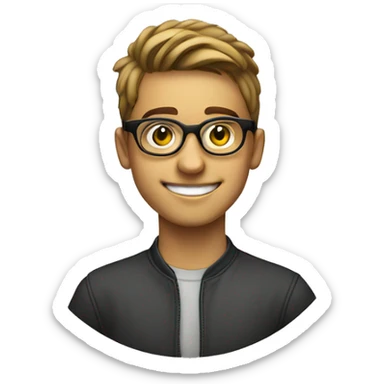 younman of about 20 years old programador with circular glasses, smiling and strai sticker