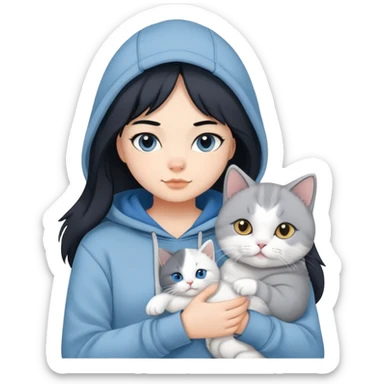 Girl with black hair wearing gray hoodie with a British shorthair blue and white cat and a long-haired blue and white cat sticker