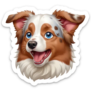 Cinematic Cute Yawning Predominantly White Red Merle Australian Shepherd Portrait Emoji, Head tilted slightly with a dramatic, wide-open yawn, predominantly white fur with hints of red merle, floppy ears slightly drooping, round blue eyes barely open in drowsy contentment, Simplified yet irresistibly adorable features, highly detailed, glowing with a soft, cozy glow, high shine, relaxed yet expressive, stylized with a touch of whimsy, bright and endearing, soft glowing outline, capturing the essence of a sleepy yet affectionate pup, so drowsy it feels like it could stretch right out of the screen and curl up for a nap! sticker