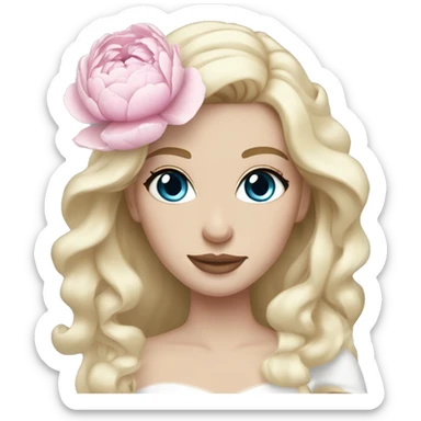 White bride with long light blonde hair and blue eyes with light pink peonies in hair white skin  sticker
