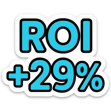 text 'ROI +29%' in bold font, cyan blue color, lineal color icon style with black outlines sticker