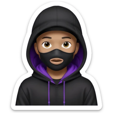Cartoon blacked character related to a shadow, with all black clothes, focusing a hoodie with his cap on and a black facemask, no visible face because of the darkness, just his purple shadow eyes making a light bloom sticker