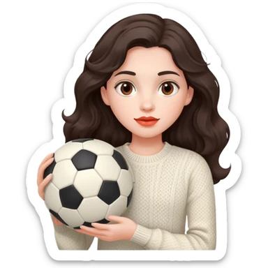 pale girl with wavy, long dark brown hair and dark brown eyes, coral-colored lip, Holding a soccer ball, Wearing ivory knitwear with no graphics or pattern sticker