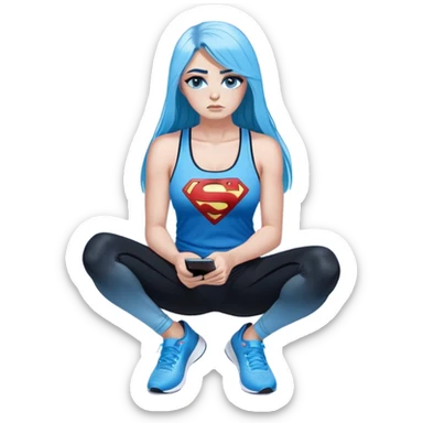 Shameful disappointed crying-very very very very big chest-texting on a samsung cell phone-very long straight flowing black to sky blue hair ombre-blue eyes-black eyeliner-long eyelashes-plastic sparkling sky blue very low cut tank top with sparkling superman logo-black leggings-nike sneakers sticker