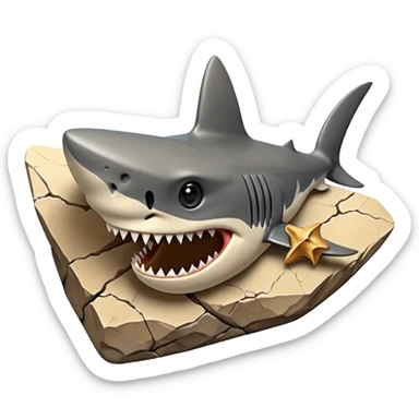 3D render of Shark Tooth, embedded in a chunk of rough sedimentary rock, cracked stone texture, ancient fossil aesthetic, shiny black enamel tooth embedded in beige sand, matte dry finish, Apple emoji style, isolated on white background --v 6.0 sticker