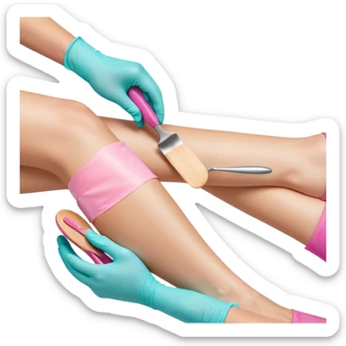 Close-up professional beauty photo of a smooth white leg during a waxing procedure, a second person’s hand wearing a turquoise nitrile glove spreading warm pink depilatory wax along the leg with a wooden spatula sticker