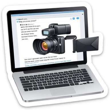 Create an emoji representing blogging. The design should feature an open laptop with a visible blog post on the screen, showing text. Add a photo or video camera to emphasize multimedia content. Do not include any emojis or smiley faces. Make the background transparent. sticker