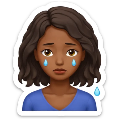 Sad face with tears,  dark brown skin color black women wavy hair shoulder length, eyes slightly closed sticker