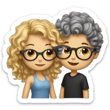 boy with curly blonde hair and glasses kissing girl with wavy black hair and glasses sticker