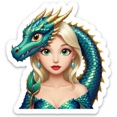 A gorgeous woman with dragon features with glittering jeweled scales covering her body. She has large almond shaped eyes, lush lips, and she wears a stunning luminescent gown. sticker