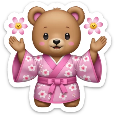 A cute light-brown bear wearing a pastel pink sakura-patterned kimono, normal balanced body ratio.  
Clapping hands cheerfully with a big bright smile and small spark effects around.  
Kawaii emoji style, minimalistic clean sticker illustration, white background.
 sticker