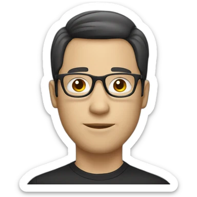 white guy with black bob hairstyle and glasses with black frame sticker
