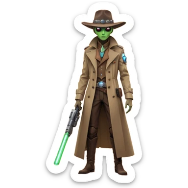 A tall alien cowboy standing in a dusty desert on an alien planet, wearing a futuristic cowboy hat and long trench coat, glowing eyes, twin plasma revolvers on his belt, dramatic sunset, cinematic lighting, ultra realistic, high detail, epic sci-fi western atmosphere

 sticker