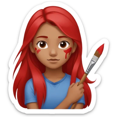Generate an image of a teen girl half body with long hair and red paint on her left cheek and a paintbrush on left ear and arms fold sticker