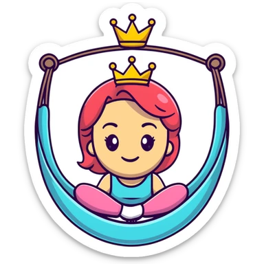 cartoon emoji of a glamorous girl with a crown, strong outline, expressive face, vibrant colors, subtle Leo accent, silly expression, hint of yoga hammock, stars, bold and playful sticker